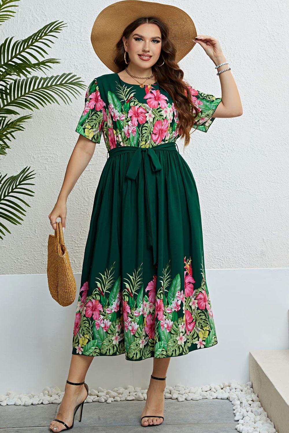 Honey Floral Tie-Waist Round Neck Dress