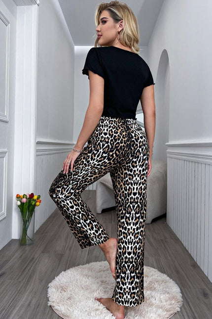 Lettuce Trim Cropped Top and Leopard Pants Pajama Set