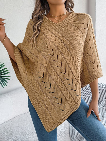 Cable-Knit Openwork Three-Quarter Sleeve Sweater