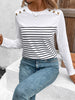 Decorative Button Striped Round Neck Long Sleeve Sweater