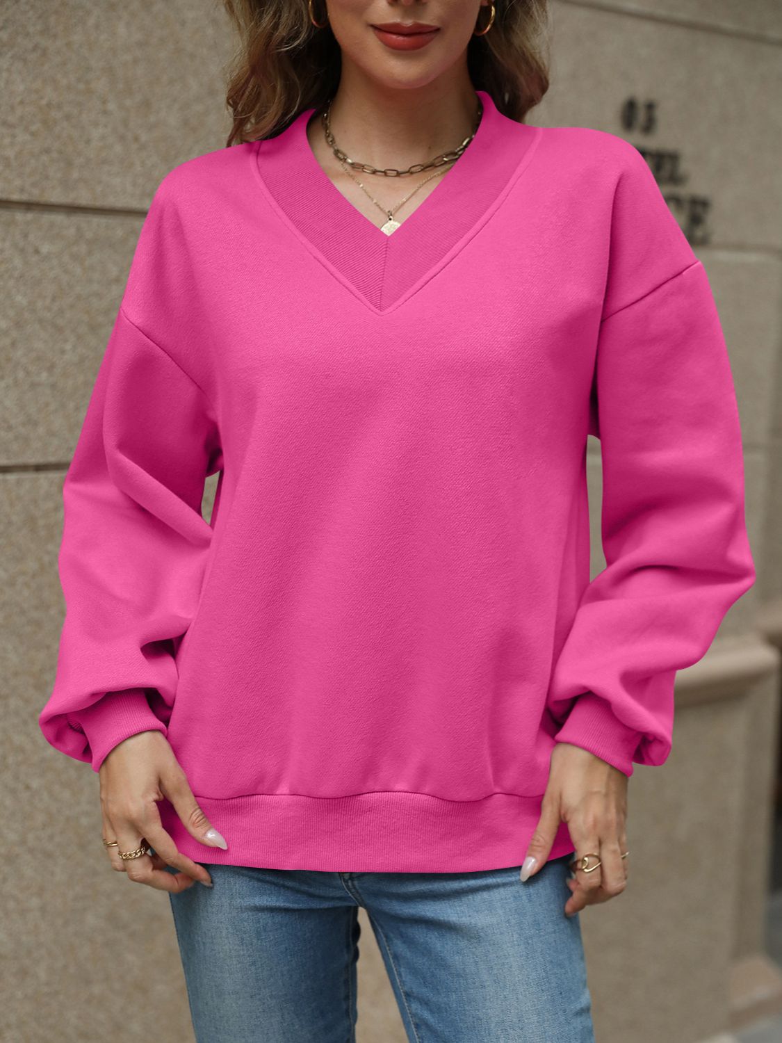 V-Neck Long Sleeve Dropped Shoulder Sweater