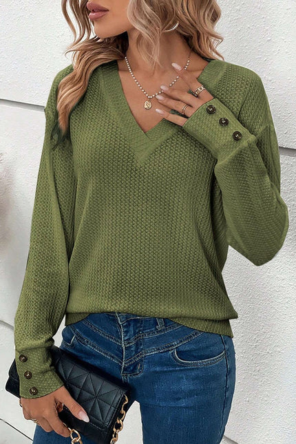 Decorative Button V-Neck Long Sleeve Sweater