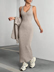 Ribbed Cropped Hooded Top and V-Neck Tank Dress Set