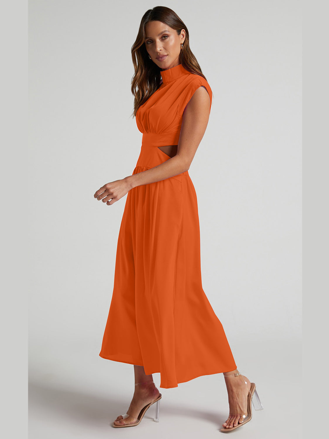 Cutout Mock Neck Sleeveless Ruched Maxi Dress