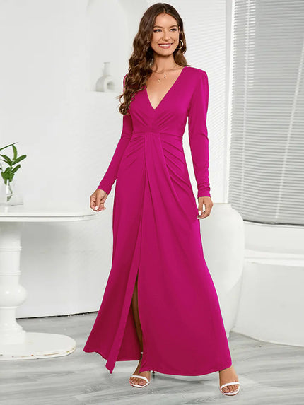 V-Neck Long Sleeve Split Maxi Dress