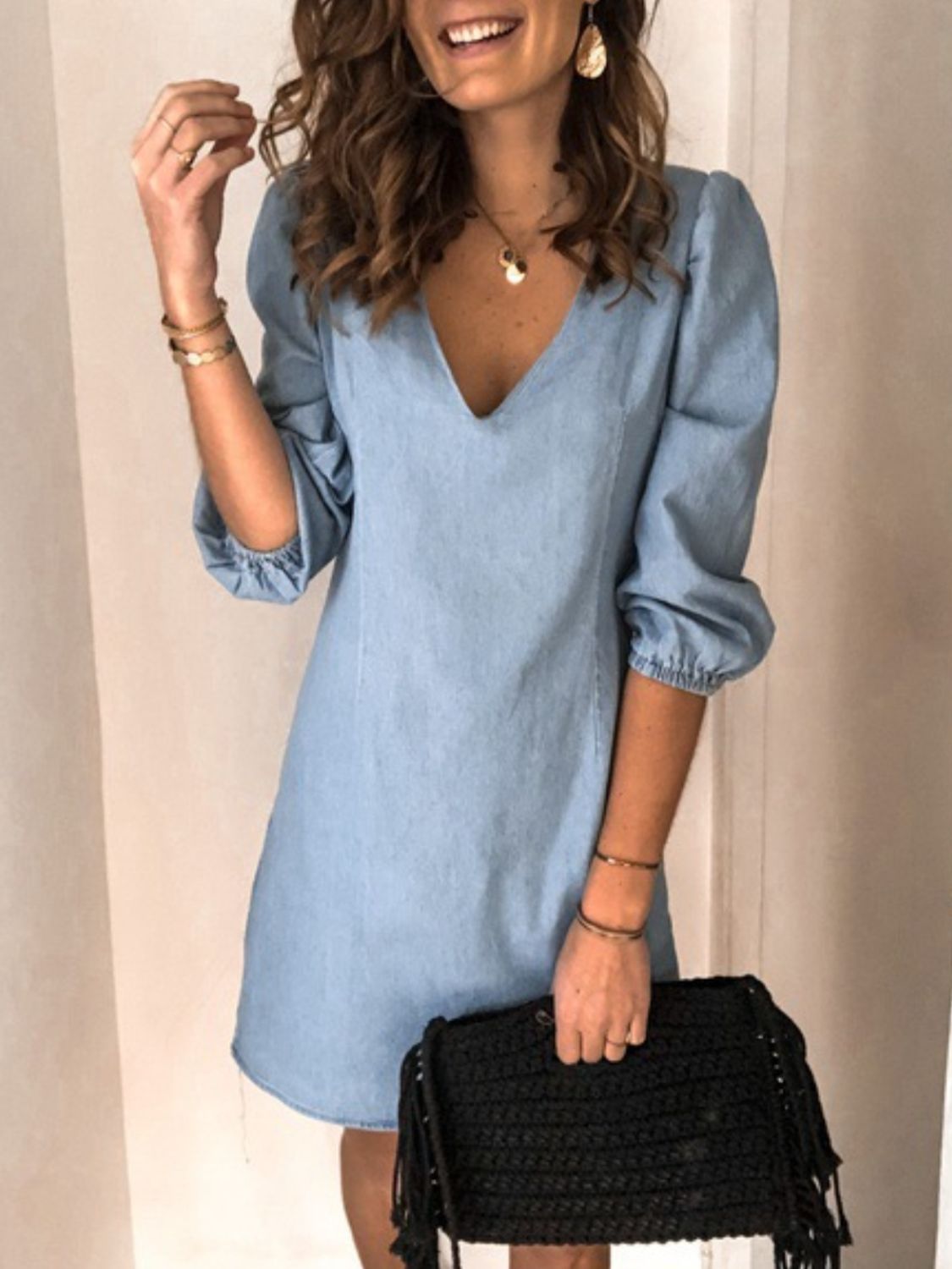 Full Size V-Neck Half Sleeve Mini Dress