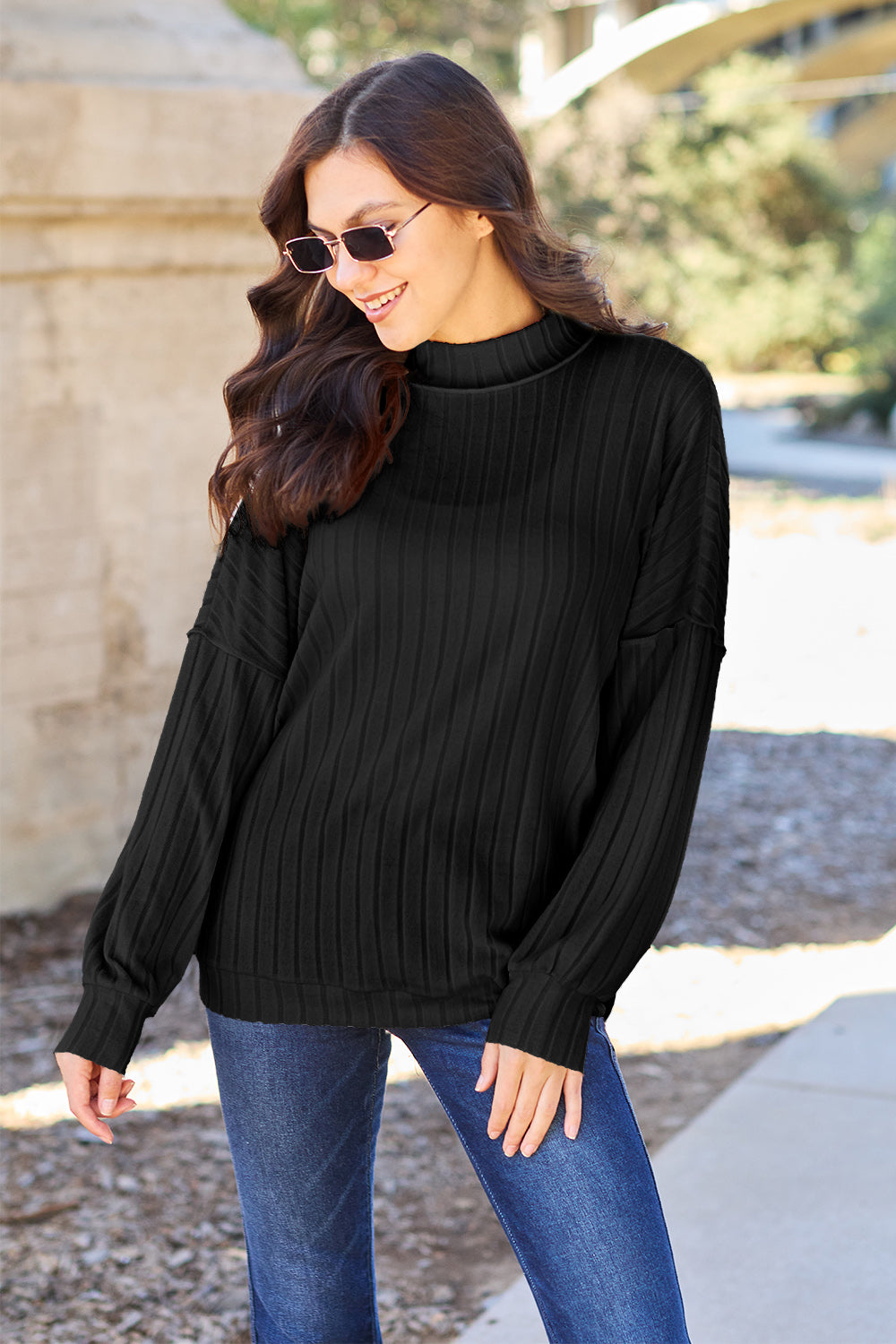 Basic Bae Full Size Ribbed Exposed Seam Mock Neck Knit Sweater