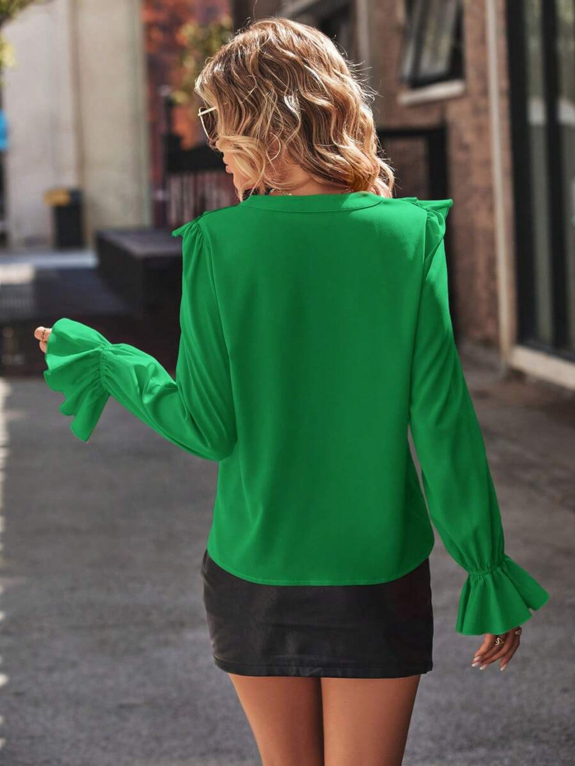 Ruffled V-Neck Flounce Sleeve Shirt