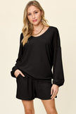 Double Take Full Size Texture V-Neck Long Sleeve Top and Shorts Set