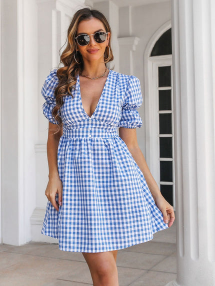 Decorative Button Plaid Short Sleeve Mini Dress