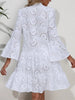 Ruffle Hem Eyelet Notched Long Sleeve Dress