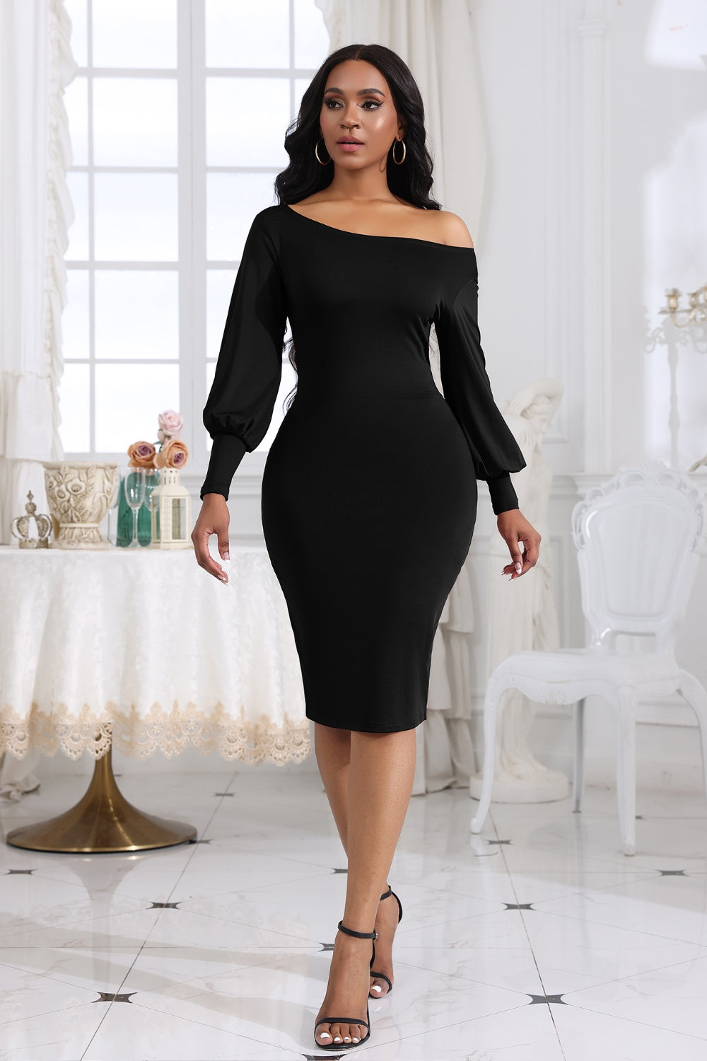 Boat Neck Lantern Sleeve Midi Dress