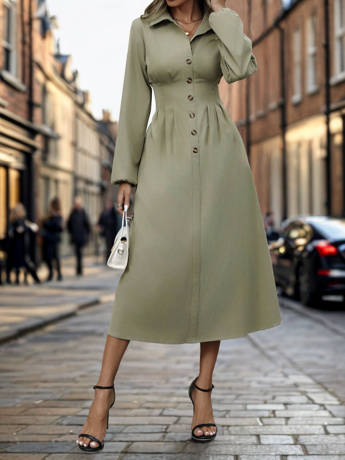 Perfee Smocked Half Button Long Sleeve Midi Dress