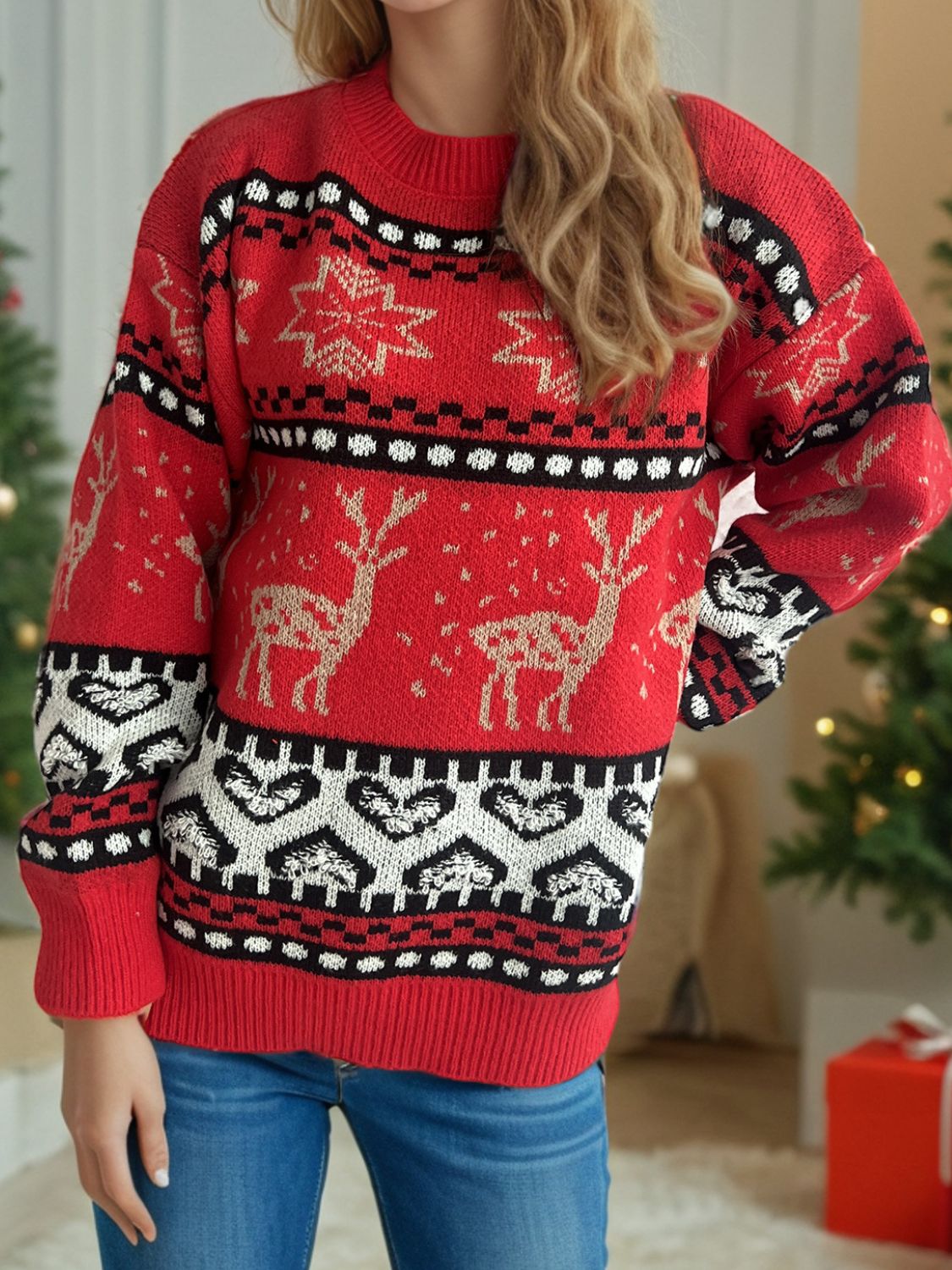 Christmas Element Round Neck Long Sleeve Sweater