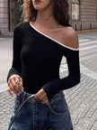 Contrast Trim One Shoulder Long Sleeve T-Shirt