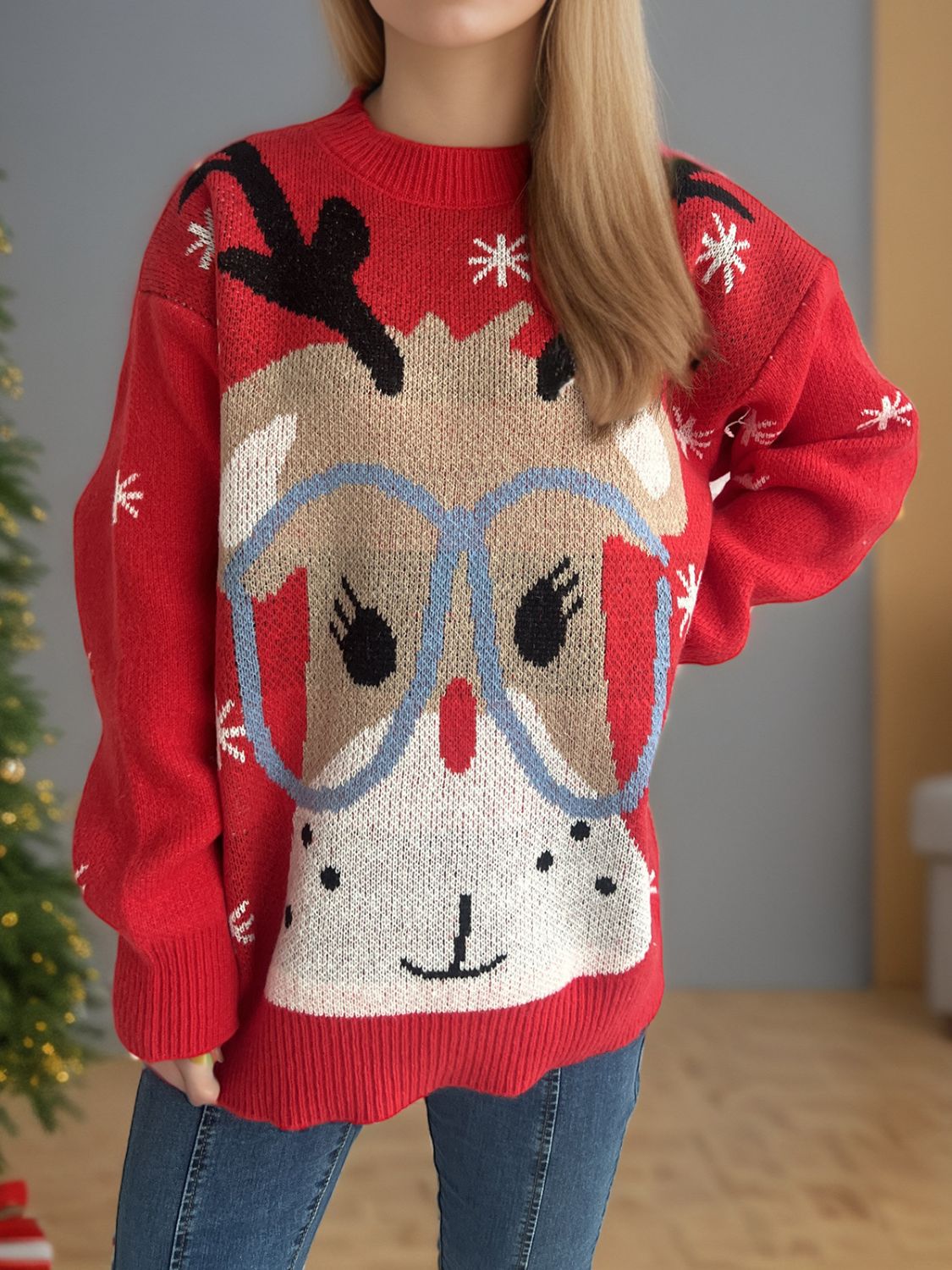 Reindeer Round Neck Dropped Shoulder Sweater