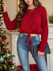 Honey Drawstring Hem Cable-Knit Round Neck Sweater