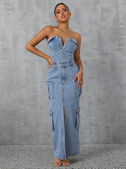 Slit Half Button Tube Denim Maxi Dress