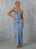 Slit Half Button Tube Denim Maxi Dress