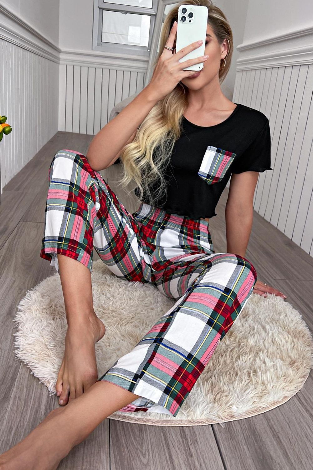 Lettuce Trim Cropped T-Shirt and Plaid Pants Pajama Set