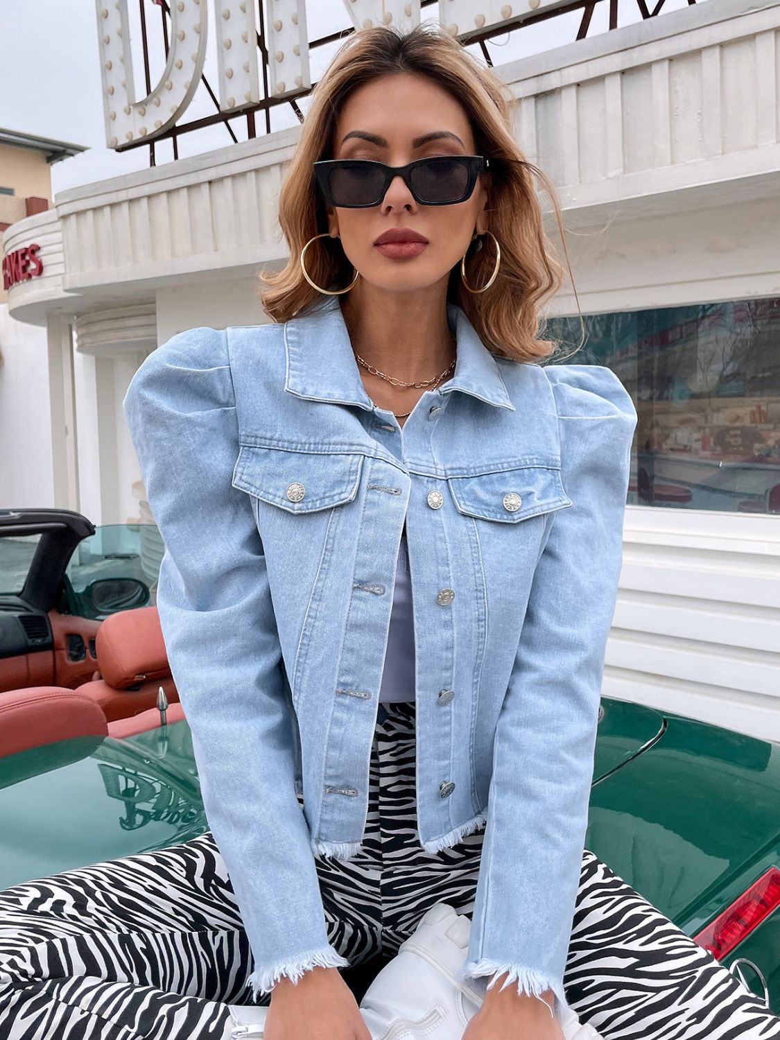 Raw Hem Collared Neck Puff Sleeve Denim Jacket