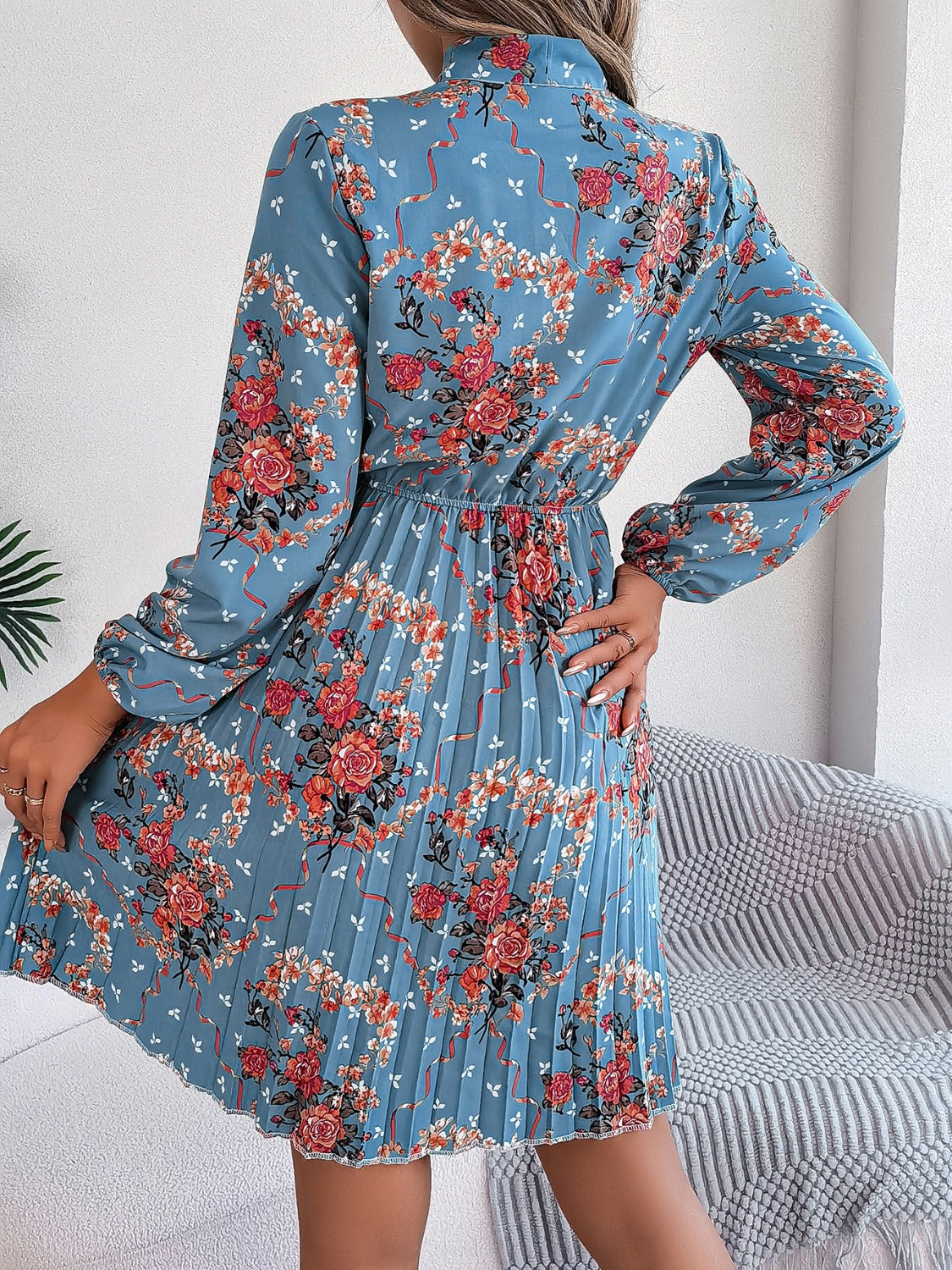 Pleated Printed Tie Neck Long Sleeve Mini Dress