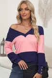 Color Block V-Neck Long Sleeve T-Shirt