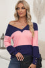 Color Block V-Neck Long Sleeve T-Shirt