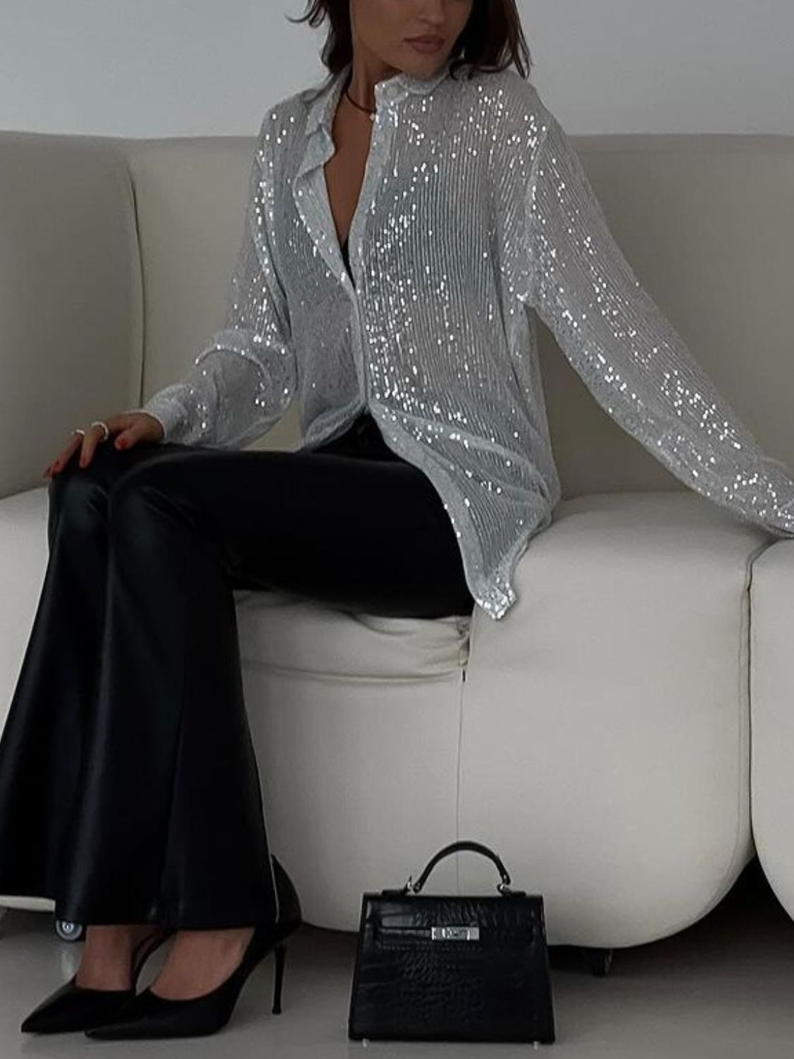 Sequin Button Up Long Sleeve Shirt