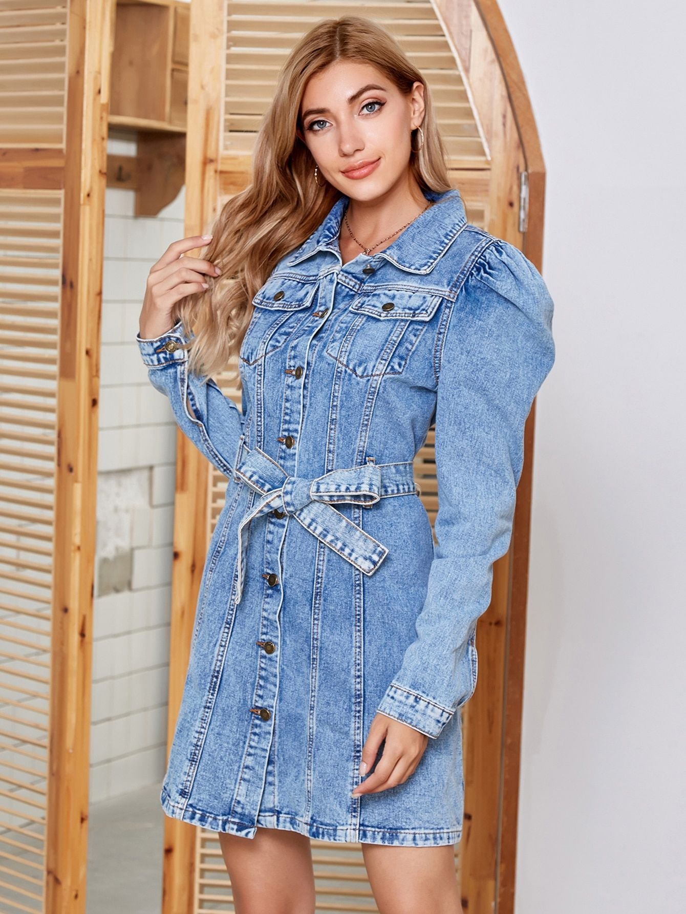 Tied Button Up Collared Neck Denim Mini Dress