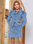 Tied Button Up Collared Neck Denim Mini Dress