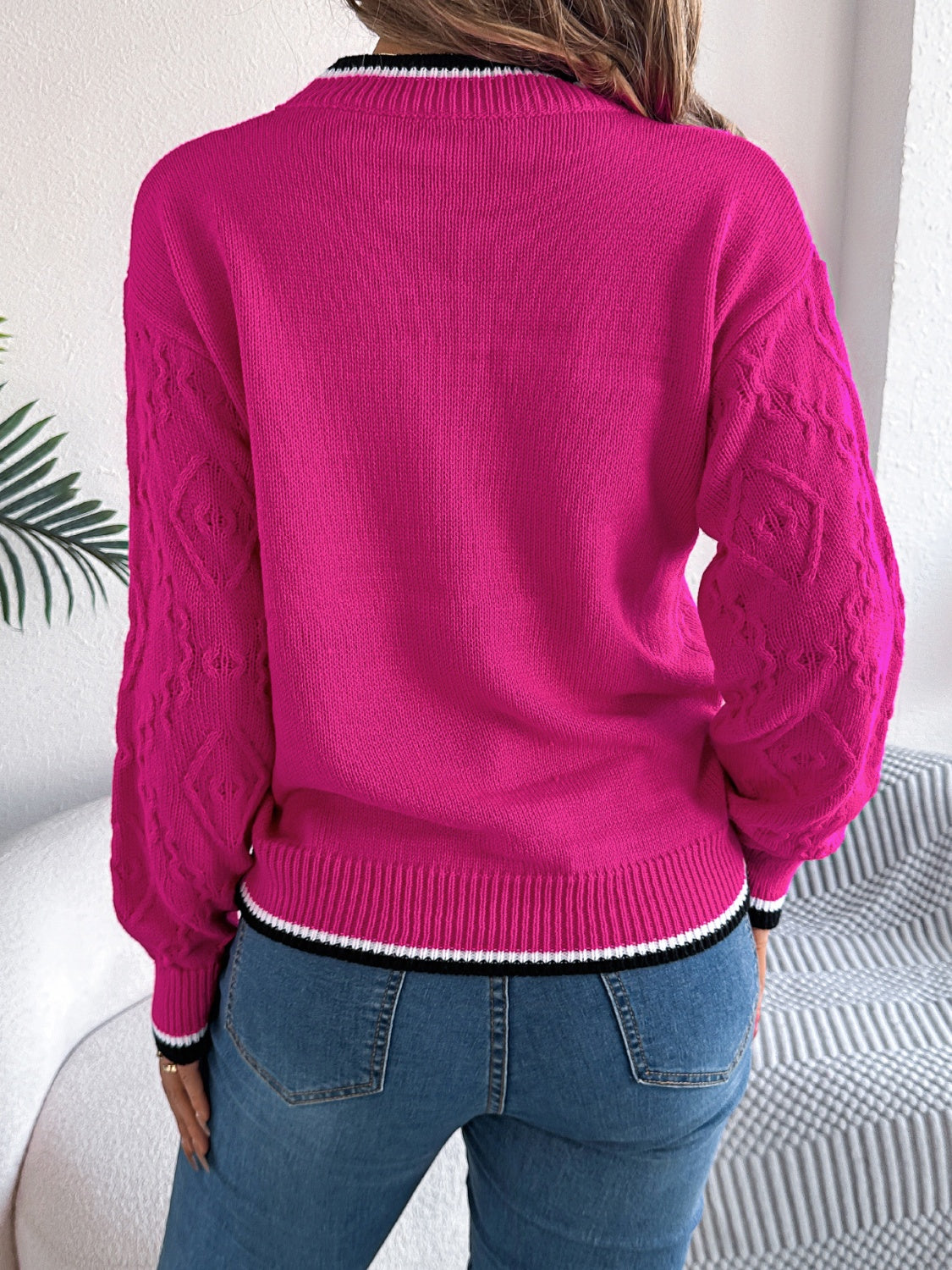 Contrast Trim Round Neck Long Sleeve Sweater