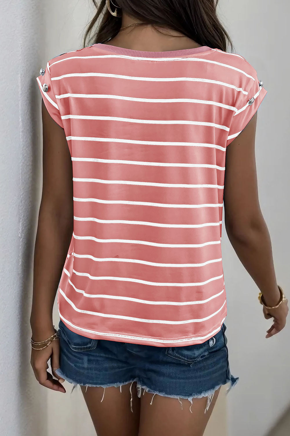 Perfee Decorative Button Round Neck T-Shirt