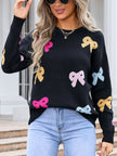 Angel Wings Bow Graphic Round Neck Long Sleeve Sweater