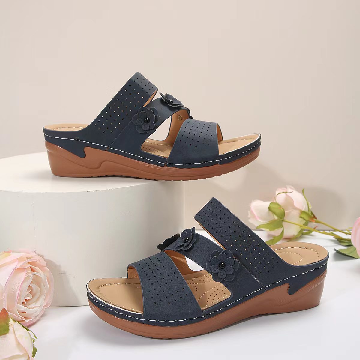 Flower PU Leather Wedge