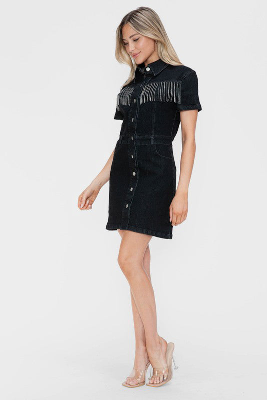 Full Size Embellished Button Down Short Sleeve Denim Dress