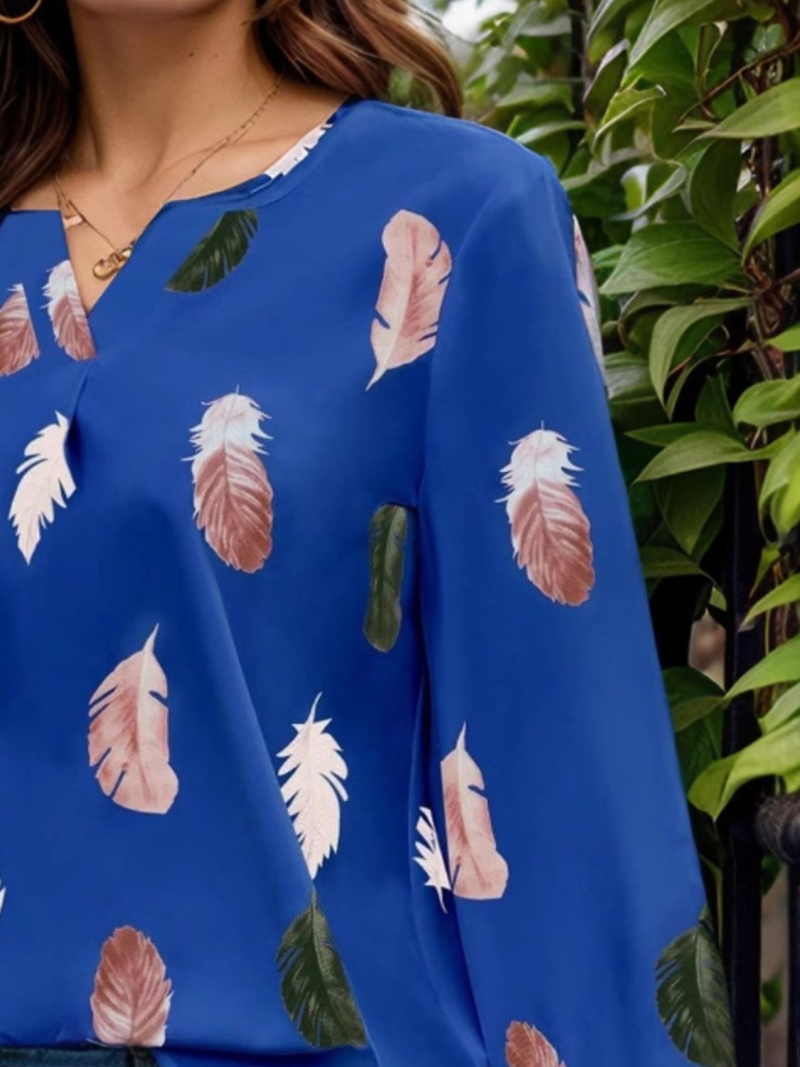 Feather Print Notched Balloon Sleeve Blouse