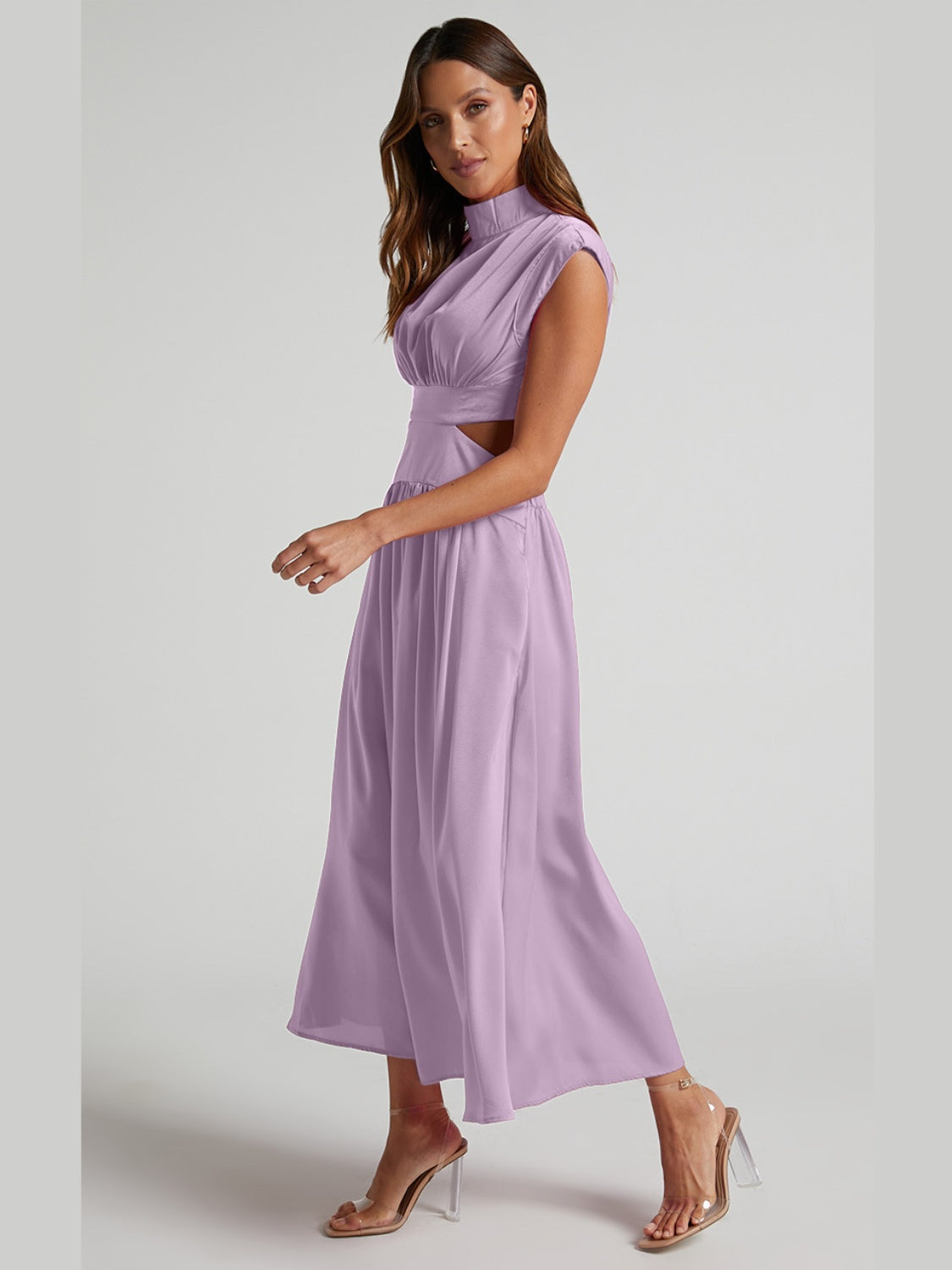 Cutout Mock Neck Sleeveless Ruched Maxi Dress