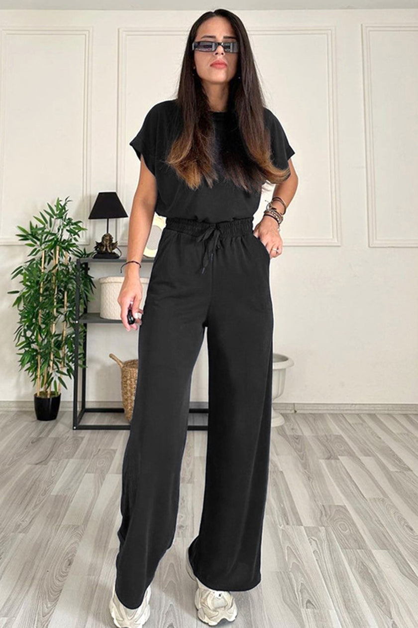 Round Neck Short Sleeve Top and Drawstring Pants Set - QuaintQuest Fashion