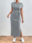 Tied Striped Round Neck Short Sleeve Maxi Tee Dress