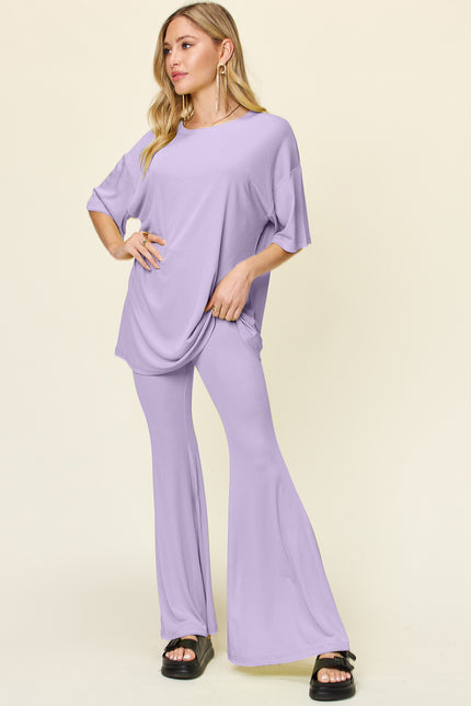 Double Take Full Size Round Neck Drop Shoulder Top and Flare Pants Set