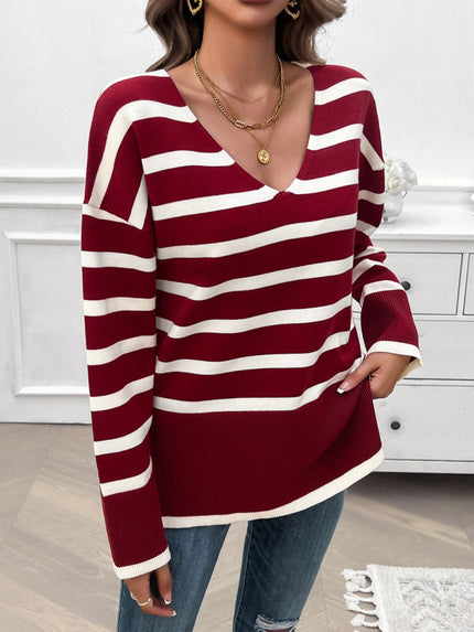 Devine Striped V-Neck Long Sleeve Knit Top