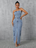 Slit Half Button Tube Denim Maxi Dress