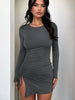 Side Drawstring Round Neck Long Sleeve Dress