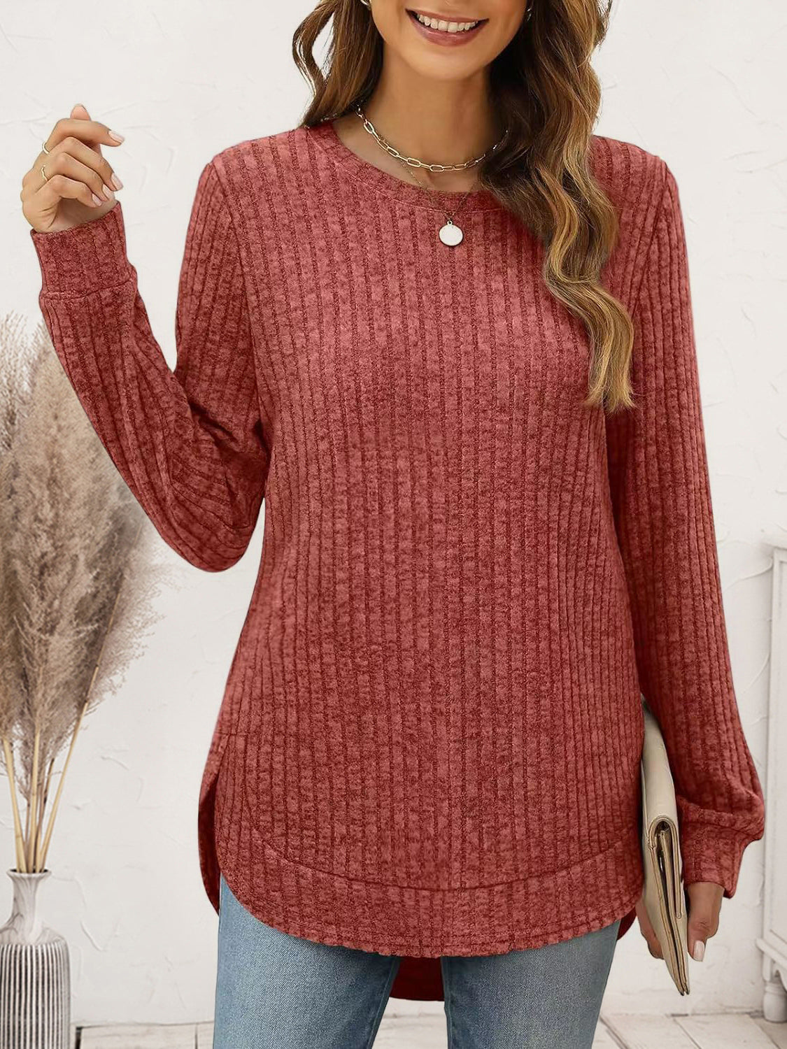 Ribbed Round Neck Long Sleeve T-Shirt