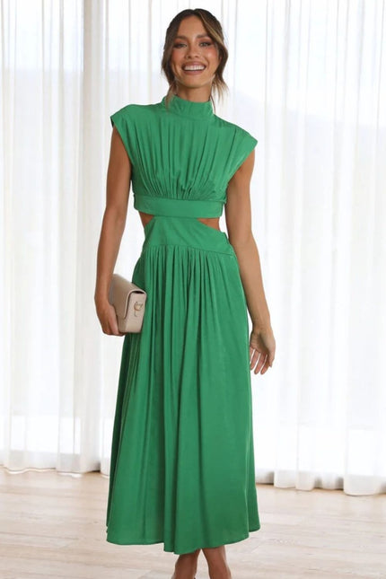 Cutout Mock Neck Sleeveless Ruched Maxi Dress