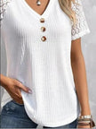 Waffle-Knit V-Neck Short Sleeve Blouse