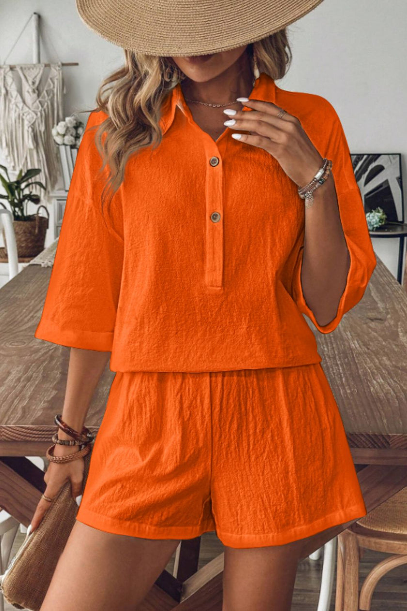 Collared Neck Half Sleeve Top and Shorts Set - QuaintQuest Fashion