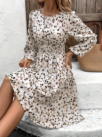 Printed Round Neck Long Sleeve Mini Dress