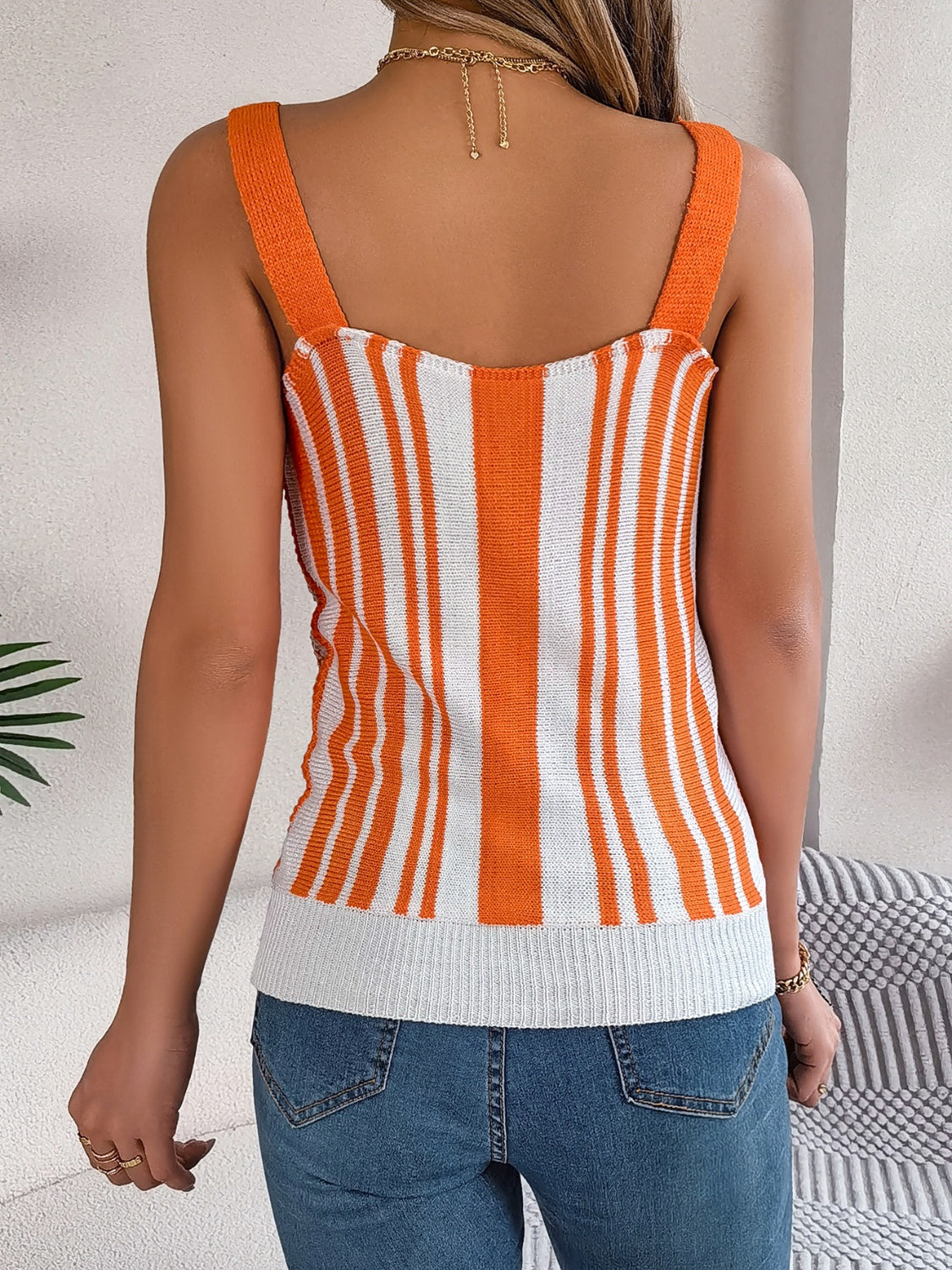 Openwork Striped V-Neck Tank